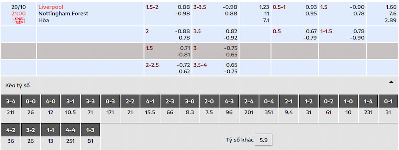 Tỷ lệ kèo trong trận đấu Liverpool vs Nottingham